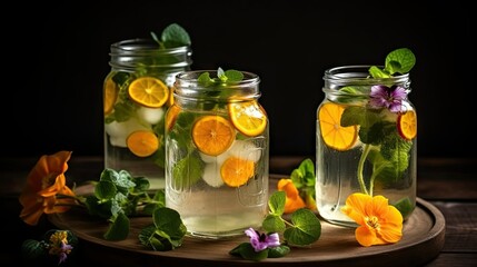 Fototapeta na wymiar Iced Lemonade with Edible Nasturtium Flowers, Lime, and Mint Leaves AI generated