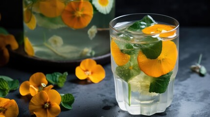 Iced Lemonade with Edible Nasturtium Flowers, Lime, and Mint Leaves AI generated