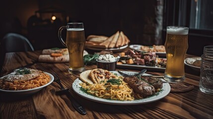 Family Dinner Table Set with Beer AI generated