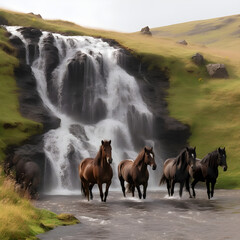 Horses on waterfall Generative AI
