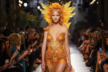 Fototapeta premium Generative AI illustration. Young adult girl model in an outfit from a famous designer in the image of an angel catwalk show at a fashion show