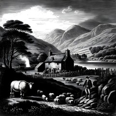 black and white illustration 1800 Scotland farmland men harvesting field small stone croft in background sheep no mountains 