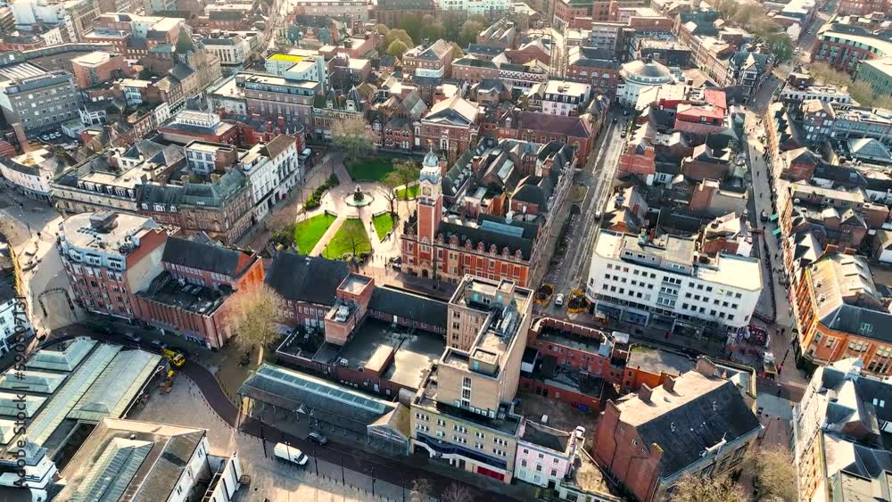 Sticker aerial footage of leicester market in leicester, a city in england’s east midlands region, uk