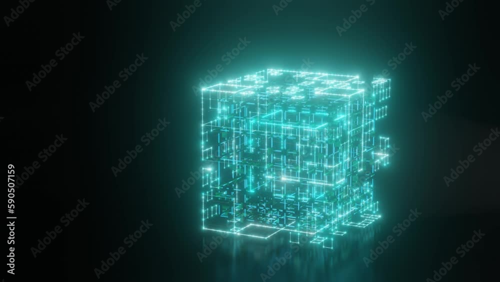 Poster loop 3d animation of a neon cube from a set of dots and lines. a tesseract cube above a reflective b