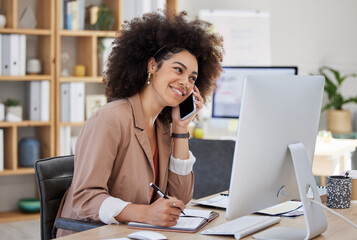 Phone call, computer and woman writing, talking and business networking, online advice or happy...