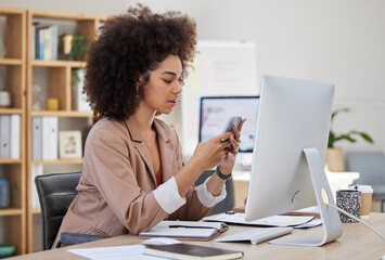 Business, phone or woman on social media to relax online on a break at workplace office desk. Mobile app, typing or biracial girl journalist texting or searching for blogs, news or internet articles