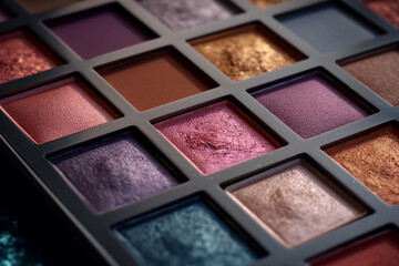 Closeup shot of eyeshadow, cosmetics, makeup. Professional eyeshadow palette macro shot. Eye shadow collection, make up theme. AI generated.