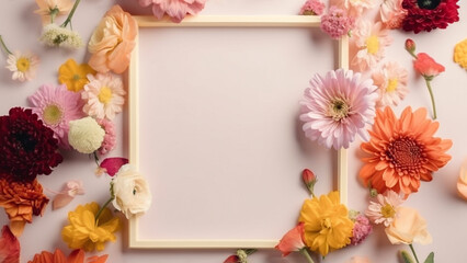 A frame decorated with flowers, blank space for text. Flat lay, top view. Floral frame, frame of flowers. Floral background. Wedding invitation, greeting card mockup. AI generated