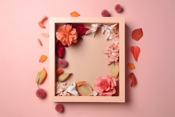 A frame decorated with flowers, blank space for text. Flat lay, top view. Floral frame, frame of flowers. Floral background. Wedding invitation, greeting card mockup. AI generated
