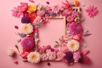 Obraz premium A frame decorated with flowers, blank space for text. Flat lay, top view. Floral frame, frame of flowers. Floral background. Wedding invitation, greeting card mockup. AI generated
