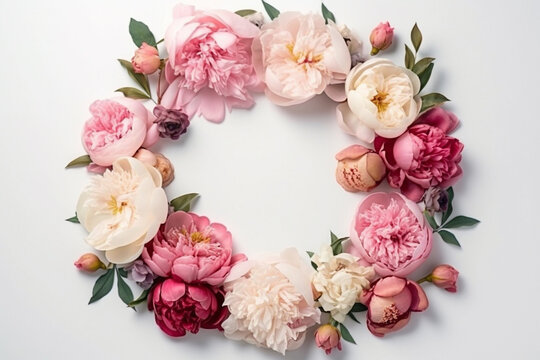 Wreath made of flowers. Floral round frame, wreath made of peonies flower buds and green leaves, botanical design, flat lay, top view, free space for text. AI generated image