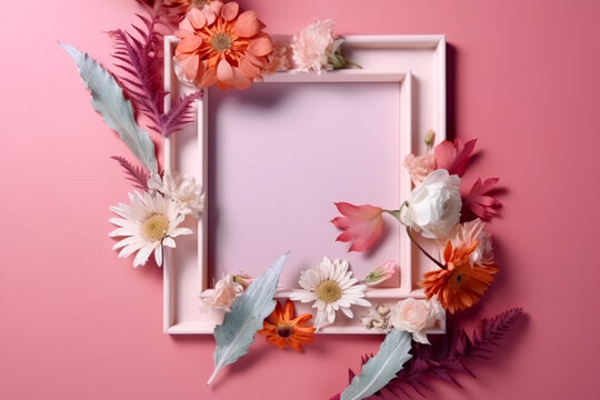 A frame decorated with flowers, blank space for text. Flat lay, top view. Floral frame, frame of flowers. Floral background. Wedding invitation, greeting card mockup. AI generated
