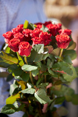 wedding bouquet of red roses. red roses Flower composition. Luxury bouquet of fresh roses. Beautiful red wedding bouquet.