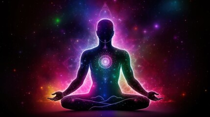 Meditating human silhouette in yoga pose. Galaxy universe background. Colorful chakras and aura glow. Meditation on outer space background with glowing chakras. Esoteric. - obrazy, fototapety, plakaty