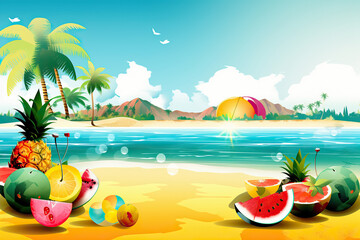 ai generated illustration of  tropical island with beach and palm trees, tropical fruits.