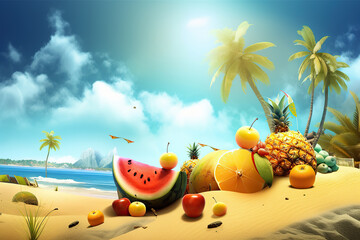 ai generated illustration of  tropical island with beach and palm trees, tropical fruits.