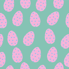 Seamless pattern with eggs decorated with hearts. Pencil texture. Easter themed background.