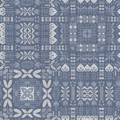Farm house blue intricate country cottage seamless pattern. Tonal french damask style background. Simple rustic fabric textile for shabby chic patchwork. 