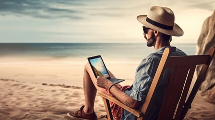 Men using laptop computer relaxing on the beach, freelancer working remote, online learning, distant work concept