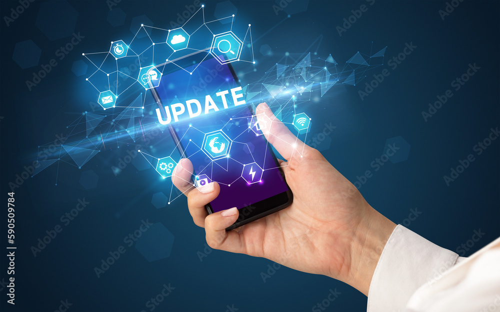 Aufkleber hand using smartphone with technology concept