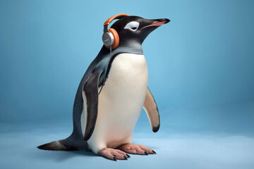 Penguin Wearing Headphones on Orange Background, Generative AI