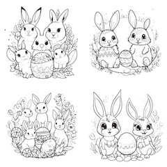 Set of cute and adorable Bunny and Easter , black and white coloring book page, cartoon art, isolated on white background