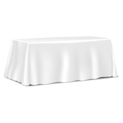 Table covered with blank tablecloth isolated on white background realistic vector mockup. Template for design - 590510194