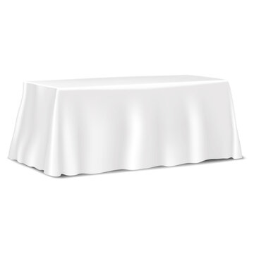 Table Covered With Blank Tablecloth Isolated On White Background Realistic Vector Mockup. Template For Design