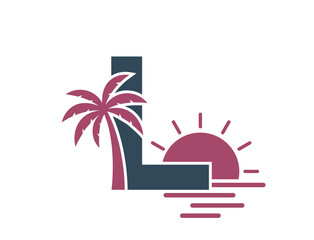 letter l with palm tree and sunset. creative vacation and resort alphabet logotype. summer and exotic tourism design