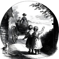 black and white illustration 1800 Scotland 2 little girls seen from behind wave goodbye to a boy in a horse drawn cart in background farmland small stone croft 
