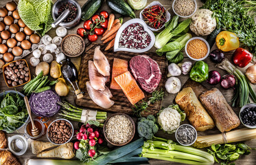 Top view of a broad variety of perfect nutrition food ingredients for healthy life
