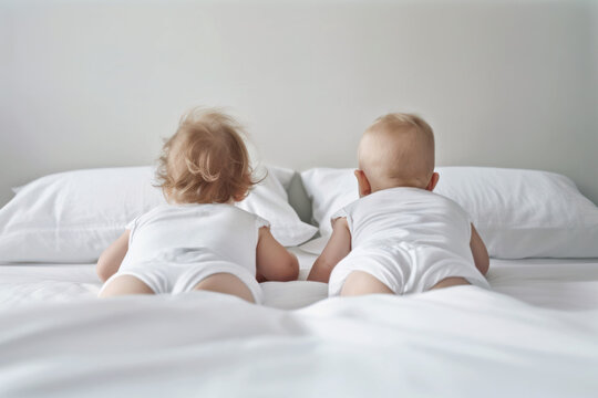 Two babies lying on a clean white bed, Generative AI