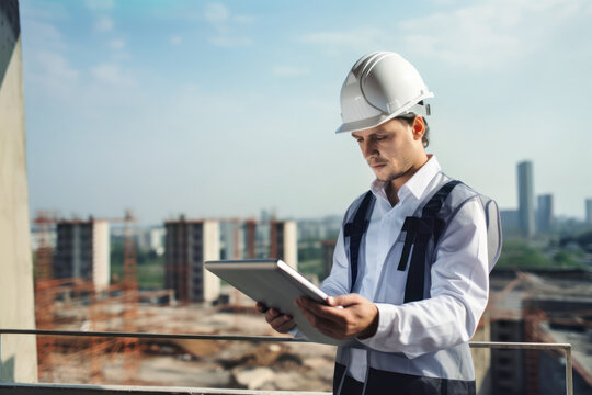 Site supervisor checking tablet at construction site, Generative AI