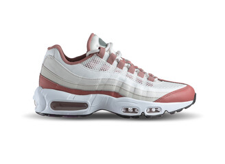 White sneaker shoe with raspberry, red accent color on a isolated white background  men's fashion, sport shoe, air, sneakers, lifestyle, concept, product photo, concept, street wear, trainers