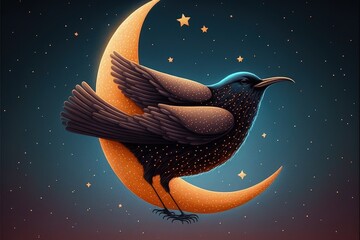 A colossal plump bird soaring through the nighttime skies alongside a crescent moon. Fantasy concept , Illustration painting. Generative AI