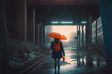 A mysterious woman stands on an abandoned city street, holding an orange umbrella. Fantasy concept , Illustration painting. Generative AI