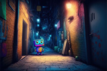 Fototapeta na wymiar Lonely little robot in a dirty alley at night. Fantasy concept , Illustration painting. Generative AI