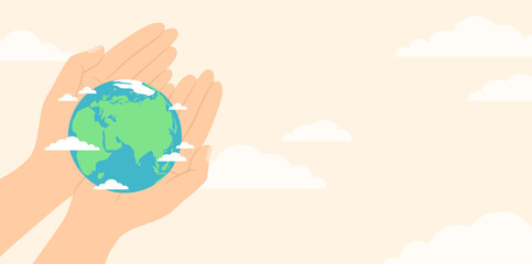 Hands holding planet Earth in palms on cloudy beige background with copy space. Vector illustration in flat style