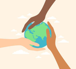 Hands of people of different ethnicities holding planet Earth. Vector illustration in flat style