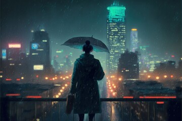 Lonely woman standing with an umbrella on a rainy night in an abandoned city. Fantasy concept , Illustration painting. Generative AI