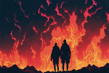 Hikers' silhouettes gazing at volcano's lava explosion and smoke from the mountain. Fantasy concept , Illustration painting. Generative AI