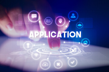 Finger touching tablet with web technology icons concept