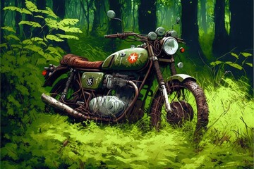 Deserted rusty motorcycle in lush foliage. Fantasy concept , Illustration painting. Generative AI
