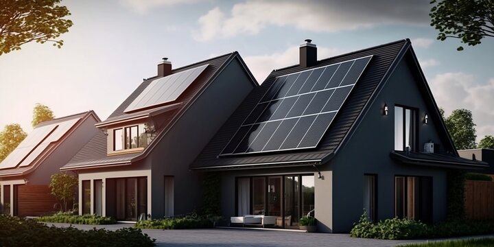 newly constructed homes with solar panels on the roof under a bright sky A close up of a brand new structure with dark solar panels. Solar panel. generative AI technology.
