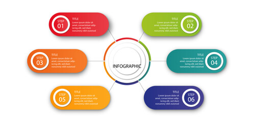 Business infographic process with circle template design with icons and 6 options or steps. Professional infographic or info chart template isolated on white background with multiple colors	
