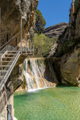 View to waterfall in Pasarelas del Vero (Footbridges on the Vero River), Alquezar, Aragon, Spain