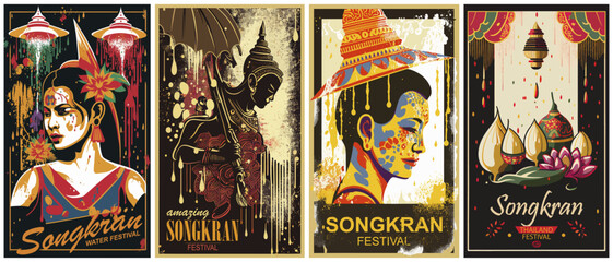 4 posters of thai new year songkran water festival. Vector illustration. Generative Ai