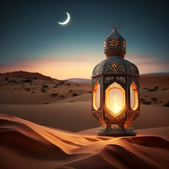 Arabic lantern in a desert. Holy month of Ramadan concept. Dusk sky, crescent moon. Copy space. Generative AI