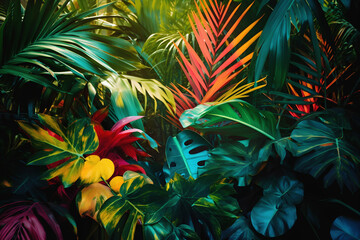 Fototapeta na wymiar Bright, colored tropical leaves for design. With Generative AI tehnology