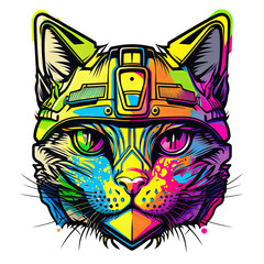 Psychedelic cat wearing a military tactical helmet.  AI generated